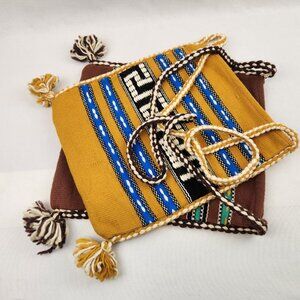 Handmade Woven Crossbody Bags Set | Greek Key Tribal Pattern Boho Tassel Accent
